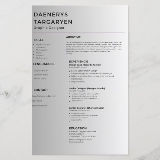 customizable resume sheet curriculum vitae (Vorderseite)