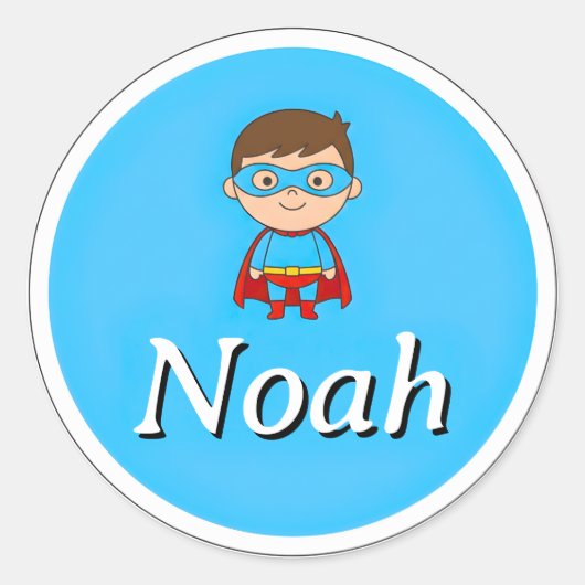 Customizable Round Kids Name Sticker – Superhero  (Vorderseite)