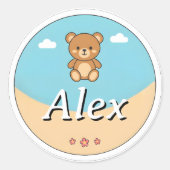 Customizable Round Kids Name Sticker – Teddy Bear (Vorderseite)