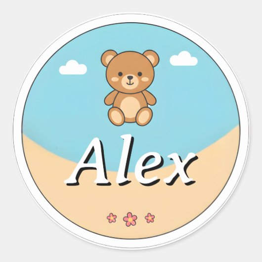 Customizable Round Kids Name Sticker – Teddy Bear (Vorderseite)