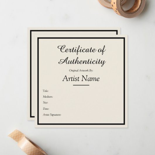 Customizable Square Certificate of Authenticity Mitteilungskarte (Vorderseite/Rückseite Beispiel)