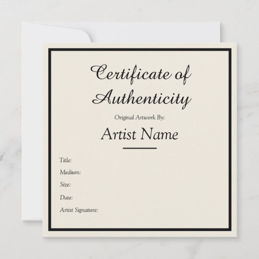 Customizable Square Certificate of Authenticity Mitteilungskarte (Vorderseite)