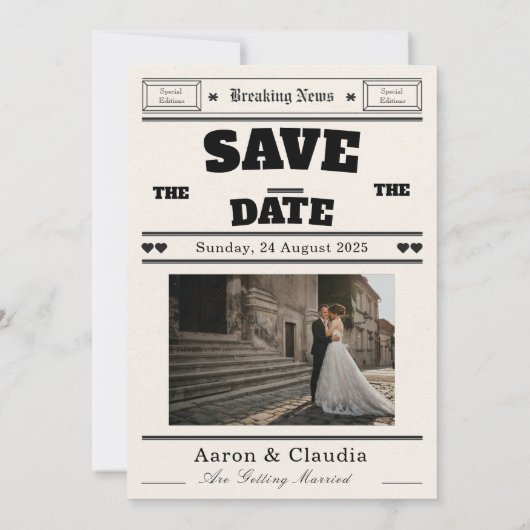 Customizable Vintage Newspaper Save the Date Einladung (Rückseite)