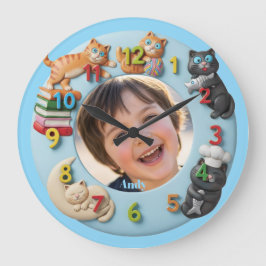 Customizable Wall Clock for Kids with Funny Cats Große Wanduhr