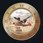 Customizable Wedding Anniversary Bronze Photograph Große Wanduhr<br><div class="desc">A simple, elegant clock in bronze and copper tones, with Roman numerals. The frame that functions as part of the clock is also a frame for your favorite wedding photograph. Keep the sample image of a couple sitting on a bench facing a row of beautiful houses, or replace it with...</div>