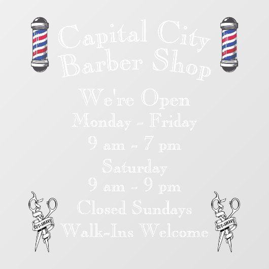 Customize Barber Shop Weekly Open Hours Fensteraufkleber (Blatt)