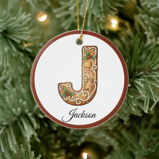 Customize Christmas Gingerbread Letter J Monogram Keramik Ornament (Baum)