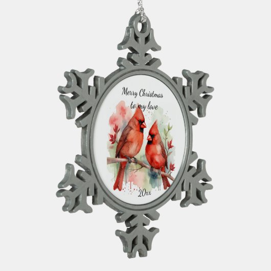 Customize Dated Cardinal to my Love Schneeflocken Zinn-Ornament (Links)