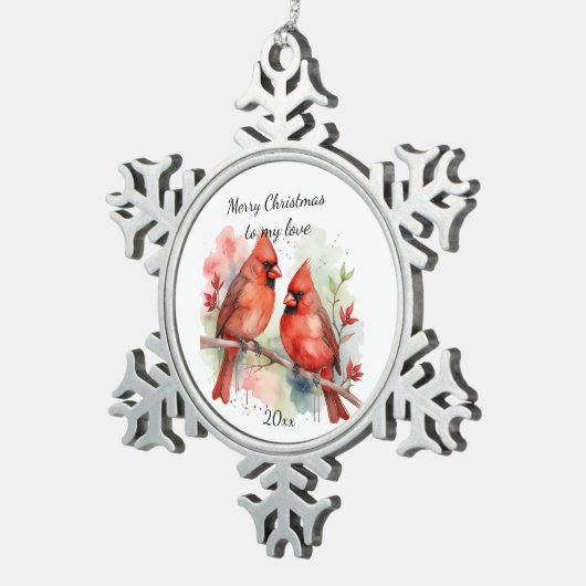 Customize Dated Cardinal to my Love Schneeflocken Zinn-Ornament (Rechts)