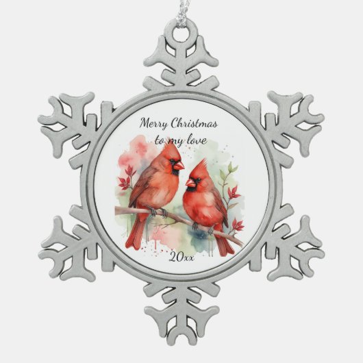 Customize Dated Cardinal to my Love Schneeflocken Zinn-Ornament (Vorderseite)