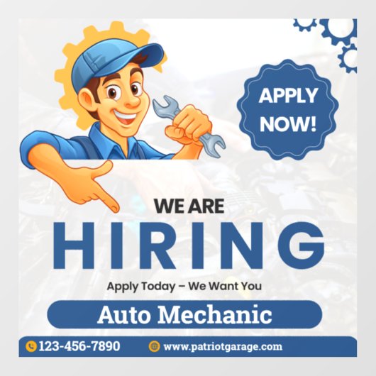Customize Generic Now Hiring Auto Mechanic Fensteraufkleber (Blatt)