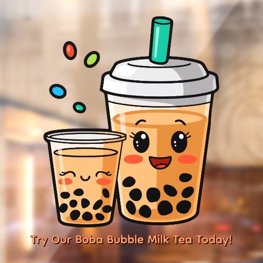 Customize Happy Bubble Tea Boba Cartoon 2  Fensteraufkleber (Blatt 2)