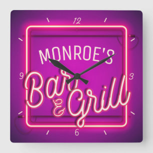 Customize NAME Pink Falsch Neon Sign Retro Bar Gri Quadratische Wanduhr