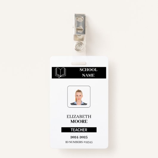 Customized black ID badge for teachers Ausweis (Vorderseite mit Klammer)