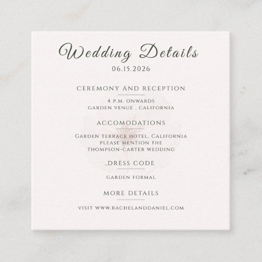 Customized Blush Floral Garden Wedding Details  Begleitkarte (Vorderseite)