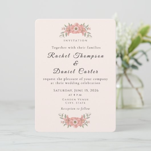 Customized Blush Pink Garden Floral Wedding  Einladung (Stehend Vorderseite)