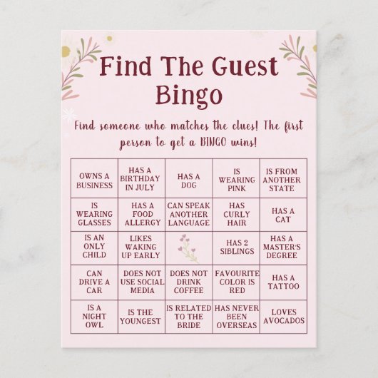 Customized Boho Floral Find The Guest Bingo Game Flyer (Vorne)