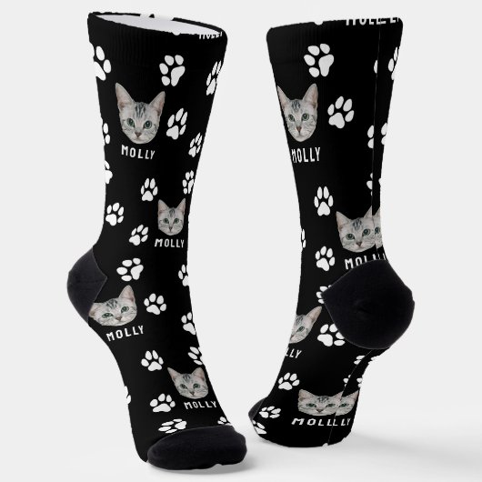 Customized Cat Pet Photo & Name Black Socken (Gewinkelt)