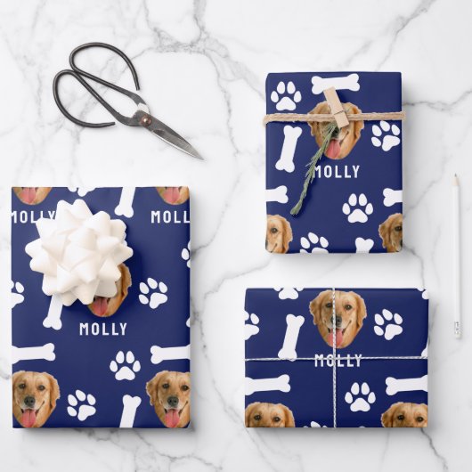 Customized Dog Pet Photo & Name Navy Blue Geschenkpapier Set (Vorderseite)