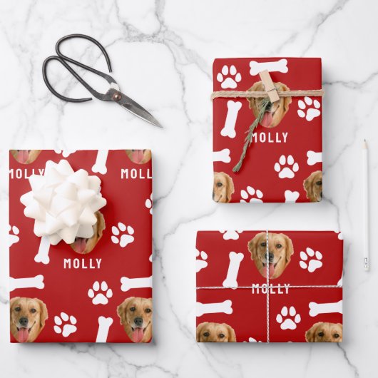 Customized Dog Pet Photo & Name Red Geschenkpapier Set (Vorderseite)