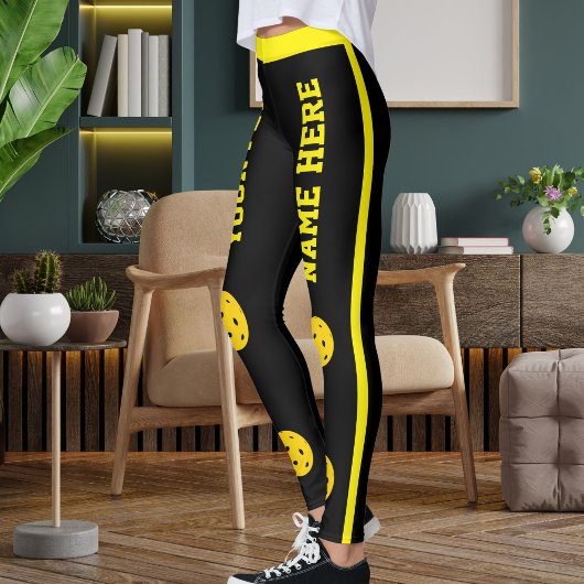 Customized Pet Mom Pickleball Black Yellow Stripes Leggings