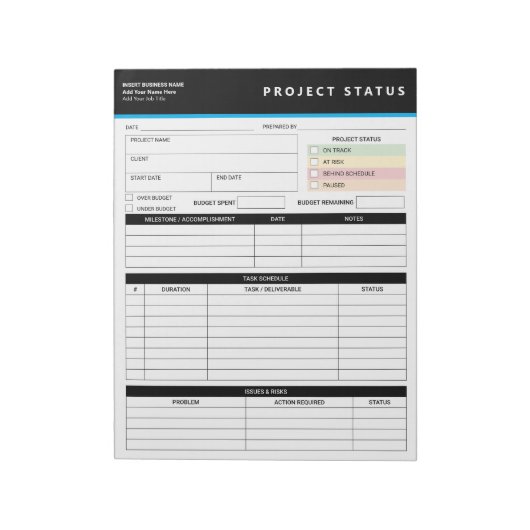 Customized Project Status Report Template Notepad Notizblock (Rotiert)