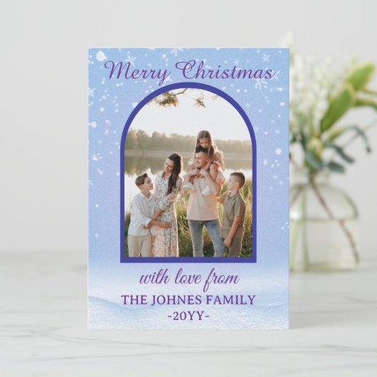 Customized Purple Merry Christmas Photo Feiertagskarte (Stehend Vorderseite)