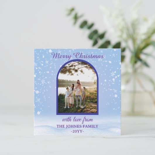 Customized Purple Merry Christmas Photo Feiertagskarte (Stehend Vorderseite)