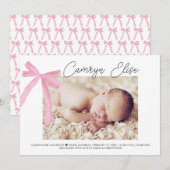 CustomPink Bow Ribbon Baby Script Name Foto Dankeskarte (Vorne/Hinten)