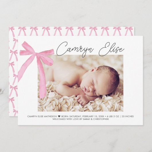 CustomPink Bow Ribbon Baby Script Name Foto Dankeskarte (Vorne/Hinten)
