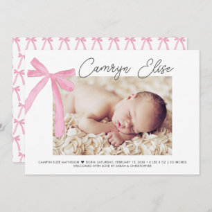 CustomPink Bow Ribbon Baby Script Name Foto Dankeskarte