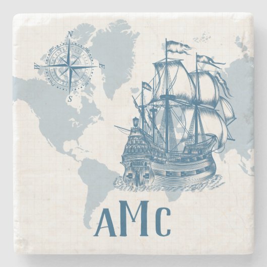 CustomSailboat mit Monogram Nautical Steinuntersetzer (Vorderseite)
