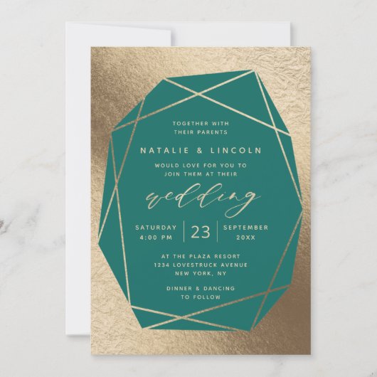 Cut Gemstone Aquamarin Green & Gold Foil Wedding Einladung (Vorderseite)
