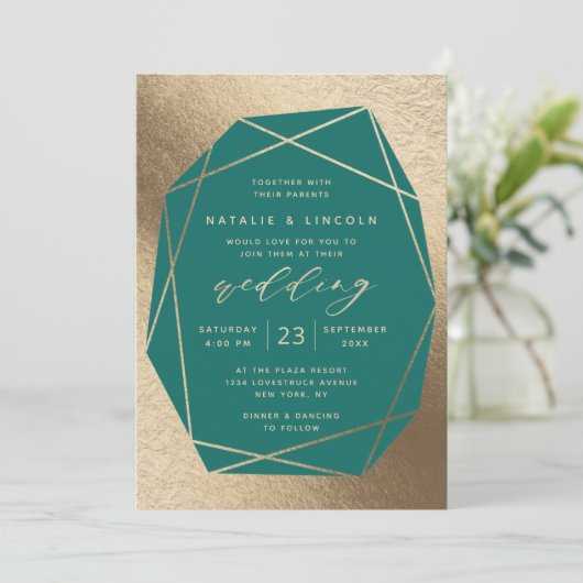 Cut Gemstone Aquamarin Green & Gold Foil Wedding Einladung (Stehend Vorderseite)