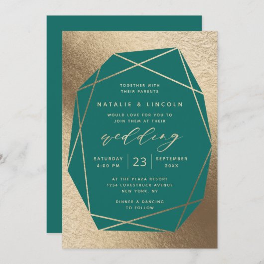 Cut Gemstone Aquamarin Green & Gold Foil Wedding Einladung (Vorne/Hinten)