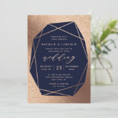 Cut Gemstone Navy Blue & Copper Foil Hochzeit Einladung (Stehend Vorderseite)