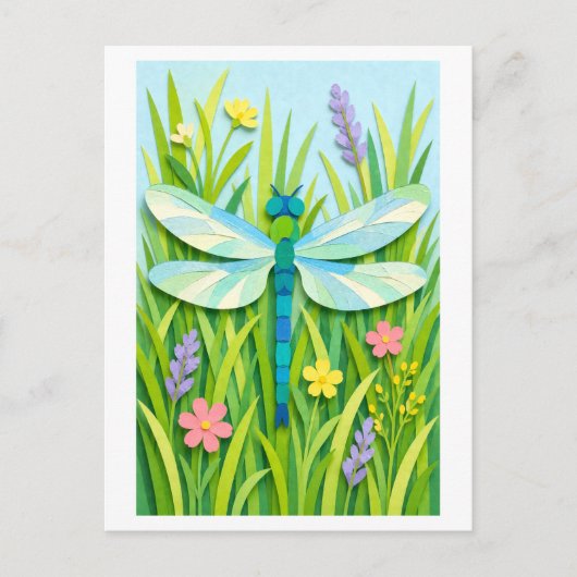 Cut Paper Collage-Style Dragonfly Postkarte (Vorderseite)