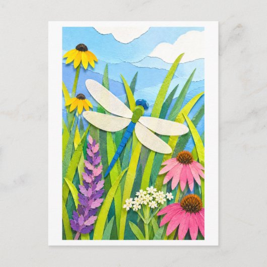 Cut Paper Collage-Style Dragonfly Postkarte (Vorderseite)