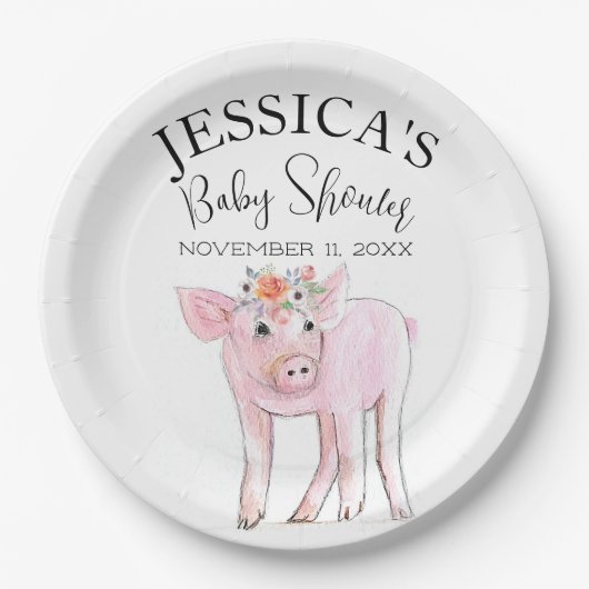 Cut Piggy Watercolor Baby Shower Boho Girl Pappteller (Vorderseite)