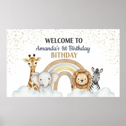 Cute 1st Birthday Safari Animals Paper Poster (Vorne)