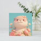 Cute 3D Clay Otter in Pink Floral Garden Postcard (Stehend Vorderseite)
