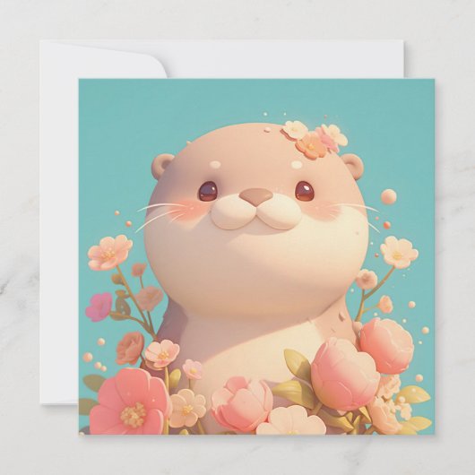 Cute 3D Clay Otter in Pink Floral Garden Postcard (Vorderseite)
