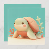 Cute 3D Clay Sea Turtle with Orange Coral Postcard (Vorne/Hinten)