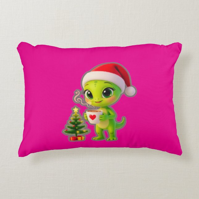 **Cute 3D Green Alien in Santa Hat with Hot Chocol Dekokissen (Vorderseite)
