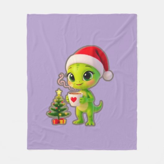 **Cute 3D Green Alien in Santa Hat with Hot Chocol Fleecedecke (Vorderseite)