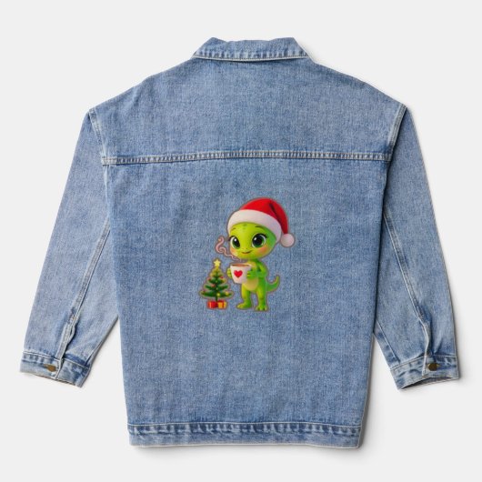 **Cute 3D Green Alien in Santa Hat with Hot Chocol Jeansjacke (Rückseite)