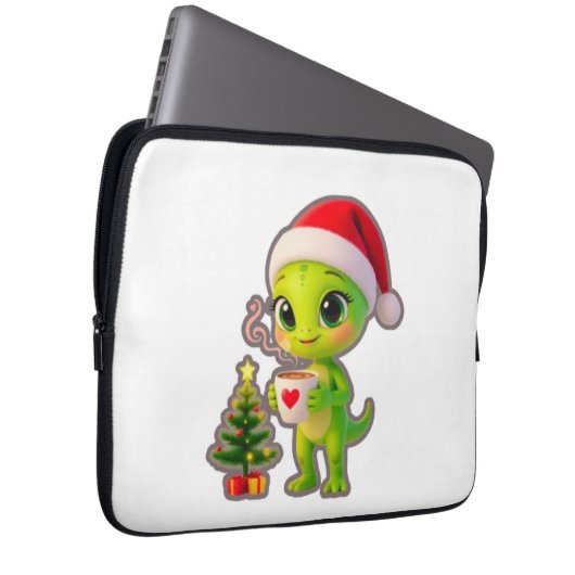**Cute 3D Green Alien in Santa Hat with Hot Chocol Laptopschutzhülle (Vorne Rechts)