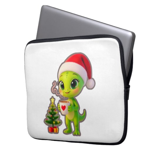 **Cute 3D Green Alien in Santa Hat with Hot Chocol Laptopschutzhülle (Vorderseite Links)