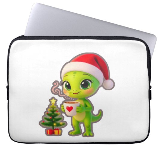 **Cute 3D Green Alien in Santa Hat with Hot Chocol Laptopschutzhülle (Vorderseite)