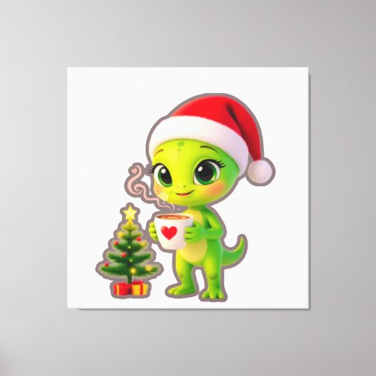 **Cute 3D Green Alien in Santa Hat with Hot Chocol Leinwanddruck (Vorderseite)